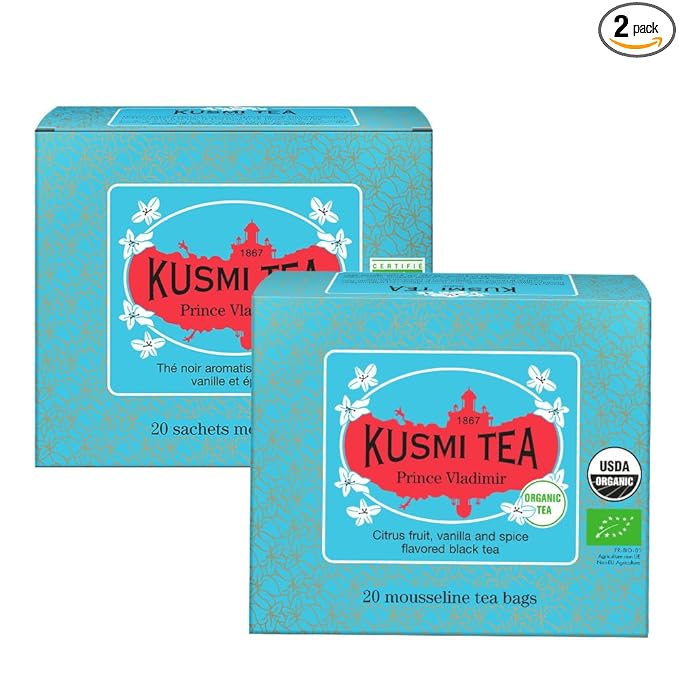 Kusmi Tea - Pack of 2 Boxes of Tea Bags - Prince Vladimir - Organic Earl Grey Black Tea with Orange - Flavored with Citrus, Cinnamon, Bergamot, Vanilla & Spices - Caffeinated Tea - 2x20 Tea Bags