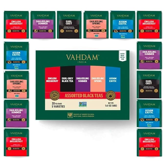 VAHDAM, Assorted Black Tea Bags Sampler (5 Flavors, 20 Ecofriendly Pyramid Tea bags) I Christmas 2025 Gift Ideas for Women & Men | Assam and Darjeeling Teas | Gluten Free & Non GMO