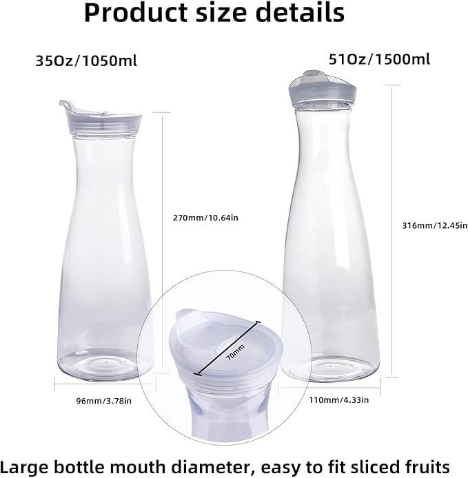 4 pack 35oz Plastic Water Carafe with Flip Top Lid, Round Base Juice Containers for Mimosa Bar - BPA-Free Leakproof Beverage Pitcher for Water, Iced Tea, Milk & Fridge Storage（4Pack/35oz ）
