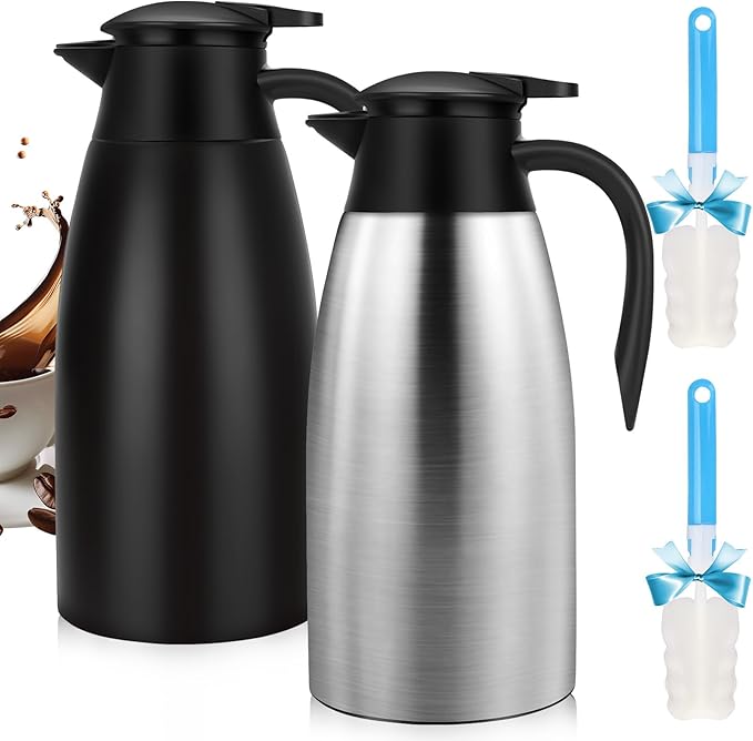 68OZ Thermal Coffee Carafes for Keeping Hot, 2 Liter Stainless Steel Thermal Carafe, Double Wall Vacuum Insulated Pitcher Tea Pot for Coffee Tea Keep Hot 12 Hours, Silver & Black
