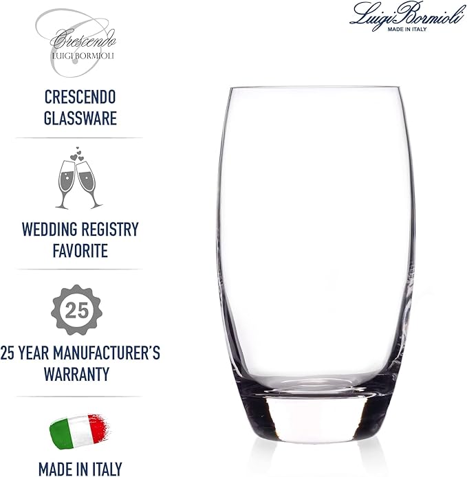 Luigi Bormioli Crescendo Highball Glasses, Set of 4-20 Oz Lead-Free Crystal Tall Tumblers with Thick Base - Laser Cut Rims, Classic for Cocktails, Water, Long Drinks - Made in Italy, Dishwasher Safe