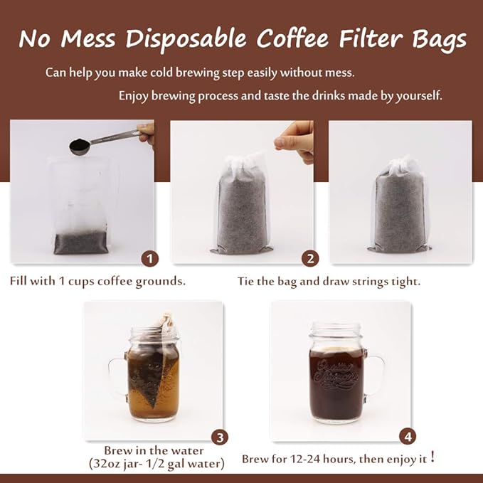 No Mess Cold Brew Coffee Filters - 150 Count Single Use Filter Bags Disposable Fine Mesh Brewing Bags for Concentrate, Iced Coffee Maker, French/Cold Press Kit, Hot Tea in Mason Jar or Pitcher 4"x 6"