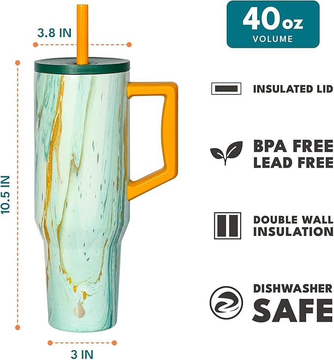Elemental 40 oz Tumbler with Handle and Straw - Spill Proof Insulated Stainless Steel Commuter for Hot and Cold Beverages - Travel Coffee Mug with 2 Straws & Spill Proof Lid - 40oz - Aurora Glow