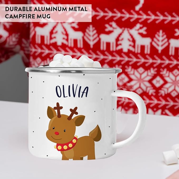 Andaz Press Personalized Name 11oz. Kids Christmas Hot Chocolate Stainless Steel Campfire Coffee Mug, Adorable Rudolph Reindeer Red Collar, 1-Pack, Custom Birthday Xmas Cup Kids Hot Chocolate Mug