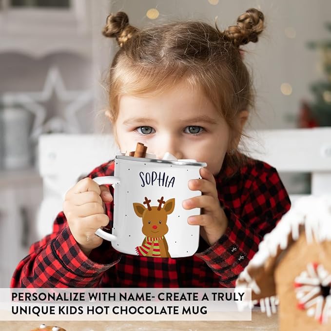 Andaz Press Personalized 11Oz. Kids Christmas Hot Chocolate Stainless Steel Campfire Coffee Mug, Adorable Rudolph Reindeer Red Green Scarf, 1-Pack Custom Birthday Xmas Cup Christmas Mugs Hot Cocoa Mug