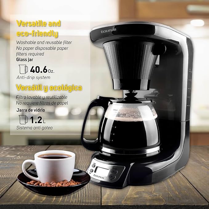 Taurus| Velvet Digital| Programmable Digital Coffee Maker for 24 Hours with Permanent Filter| (700 Watts)| Glass|Black