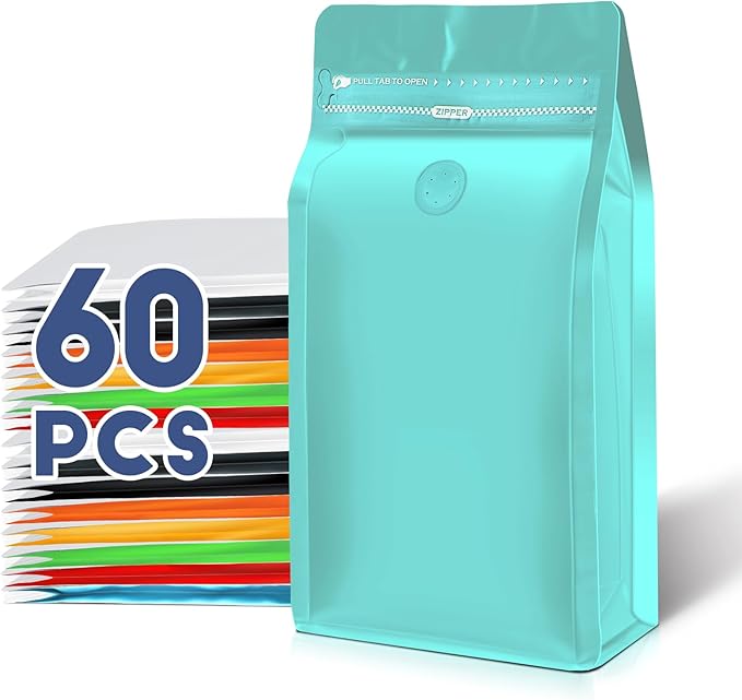 Coffee Bags with Valve(60pcs,4 oz,0.25 lb) Vented Coffee Beans Packaging Bags High Barrier Aluminumed Foil Flat Bottom Heat Sealed Side Zipper Resealable Storage Bag for Home or Business（Blue）
