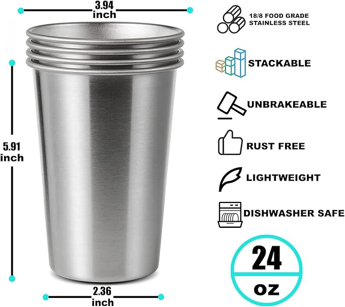 12 Pack 24oz Stainless Steel Pint Cup,Healthy Unbreakable and Stackable,Metal Drinking Glasses