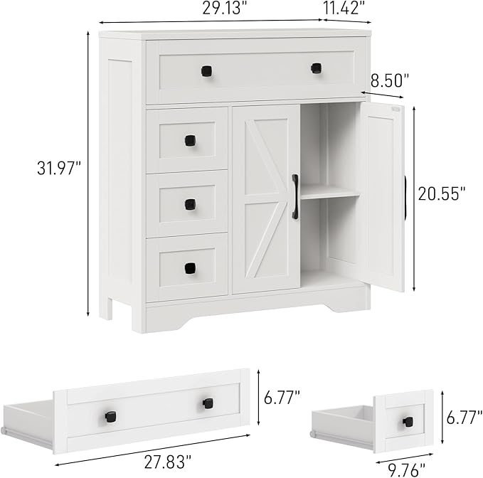 Vabches Farmhouse Storage Cabinet with 2 Doors and 4 Drawers, Freestanding Bathroom Storage Cabinet Kitchen Pantry, Floor Hutch Cupboard for Living Room/Bathroom/Kitchen,(Unique White)
