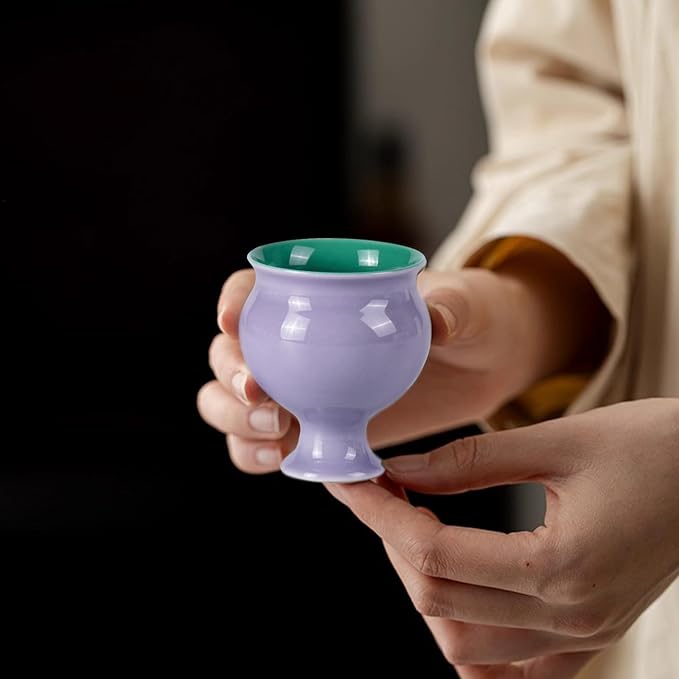 KAMMAK Tea Cups, 3oz Small Tea Set of 2 for Home, Party, Office, Porcelain Tea cups with Short Stem, Cute Ceramic Teacups, Chinese Kungfu Tea Set for Hot/Cold Drink (Apricot Pink and Hibiscus Purple)