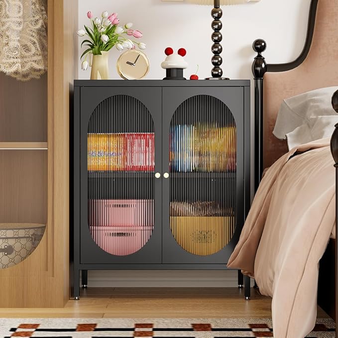 Small 2 Transparent Door Metal Storage Side Buffet Cabinet for Bed Room,Living Room,Entryway,Hallway,Home,Hotel,Office,Garage,Kitchen,1 Removable Shelf. (Transparent Door, Black)