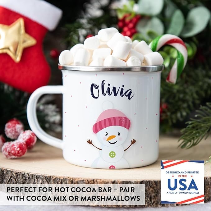Andaz Press Personalized Name 11Oz. Kids Christmas Hot Chocolate Stainless Steel Campfire Coffee Mug, Charming Snowman Pink Hat Hello, 1-Pack, Custom Birthday Xmas Cup Hot Cocoa Mugs Christmas Mugs