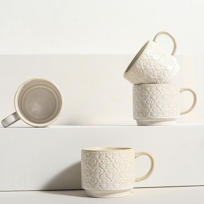 6 Oz Coffee Mugs with Stand - Stackable Ceramic Espresso Cups Set of 4, Embossed Coffee Cups, Porcelain Cappuccino for Latte, Cocoa, Mocha, Tea, Dishwasher Safe, 3 inch