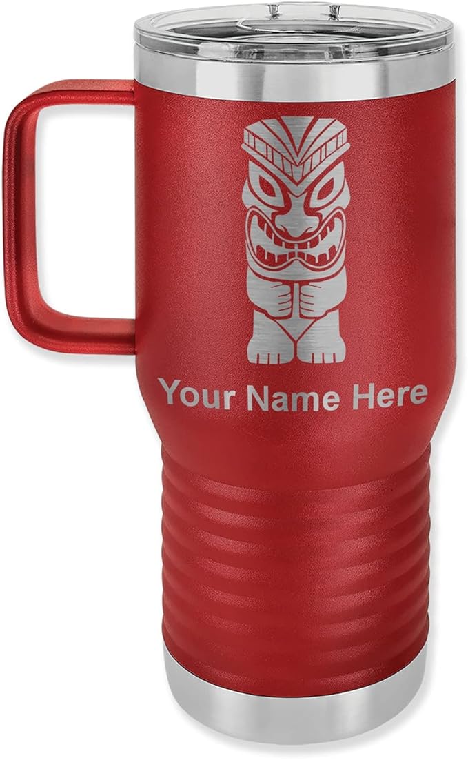 LaserGram 20oz Vacuum Insulated Travel Mug with Handle, Tiki Statue, Personalized Engraving Included (Maroon)
