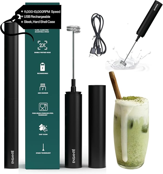 ENSANTE Ultra Fast Electric Milk Frother Wand Handheld 11,000RPM, Mini Whisk Mini Blender Rechargeable Frother for Protein Powder Lattes Matcha, Travel Frother with Case, Coffee Stirrers Electric