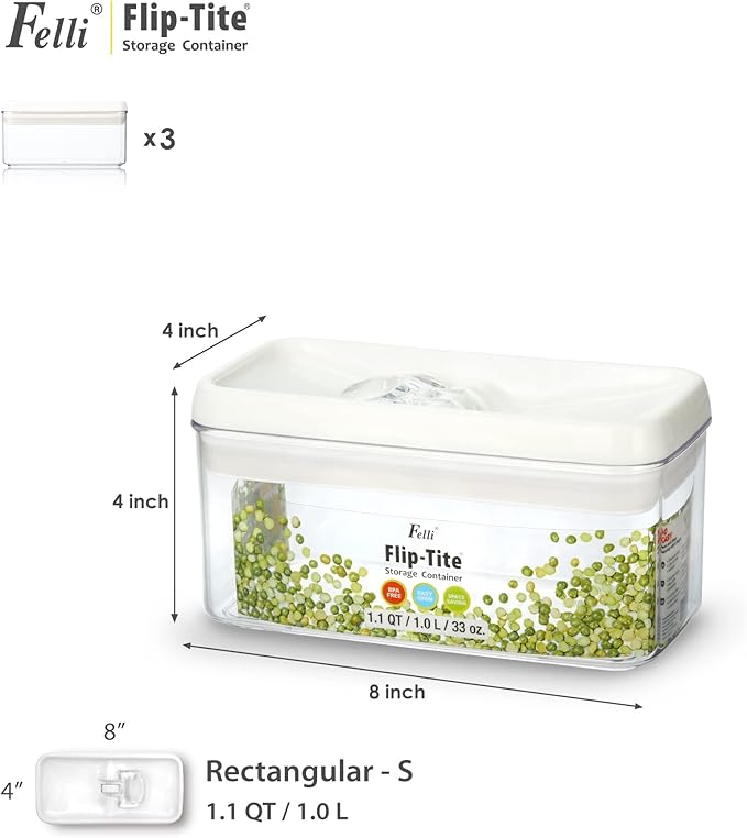 Felli Flip Tite Food Storage Container with Lid 4” RECTANGLE Airtight Ring Flip Lock Top, Stackable Acrylic Canister Set for Kitchen Fridge Pantry Organizer, Veggie Fruit Tea Bag Snack (1.1 qt)