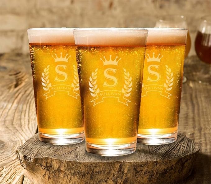 Custom Personalized Set of 4 Beer Glasses w/Grey Slate Coaster, Engraved Pint Glasses for Beer and Soda, Personalized Bar Coasters (4"x4") for Him