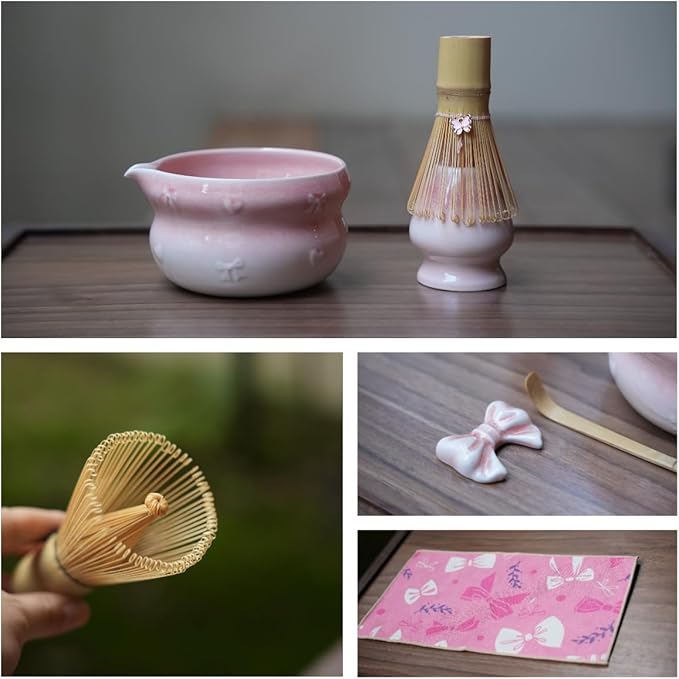 7pcs soft pink matcha whisk set with cute bow and heart motif - complete matcha kit set includes bamboo whisk, bowl, stand, scoop, sifter, towel -ideal gift for women and Japanese tea ceremony