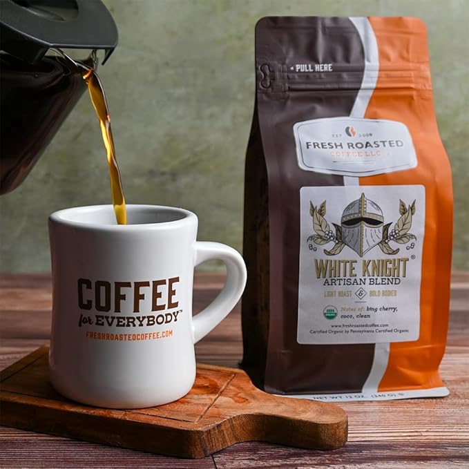 Fresh Roasted Coffee, Organic White Knight | USDA Organic, Kosher | Light Roast 12 oz, Ground