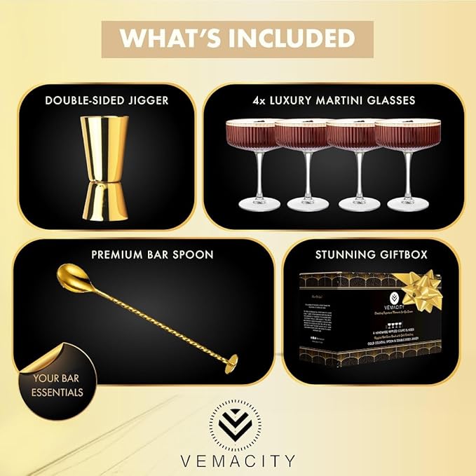 VEMACITY - Ribbed Espresso Martini Glasses Set of 4 with Gold Rims - Vintage Cocktail Glasses for Margaritas, Champagne and More - Includes Jigger & Bar Spoon | Ideal for Christmas & New Years