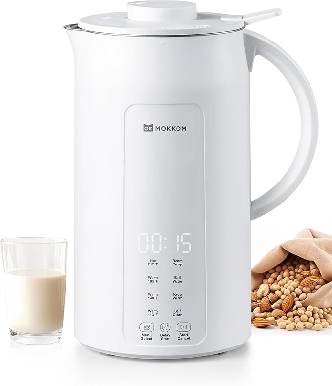 MOKKOM Nut Milk Maker, 42oz Soy Milk Maker for Homemade Plant-Based Milk, Oats, Soy, Dairy Free Beverages, Automatic Almond Milk Machine with Delay Start/Keep Warm/Self-Cleaning/Boiling, Pearl White