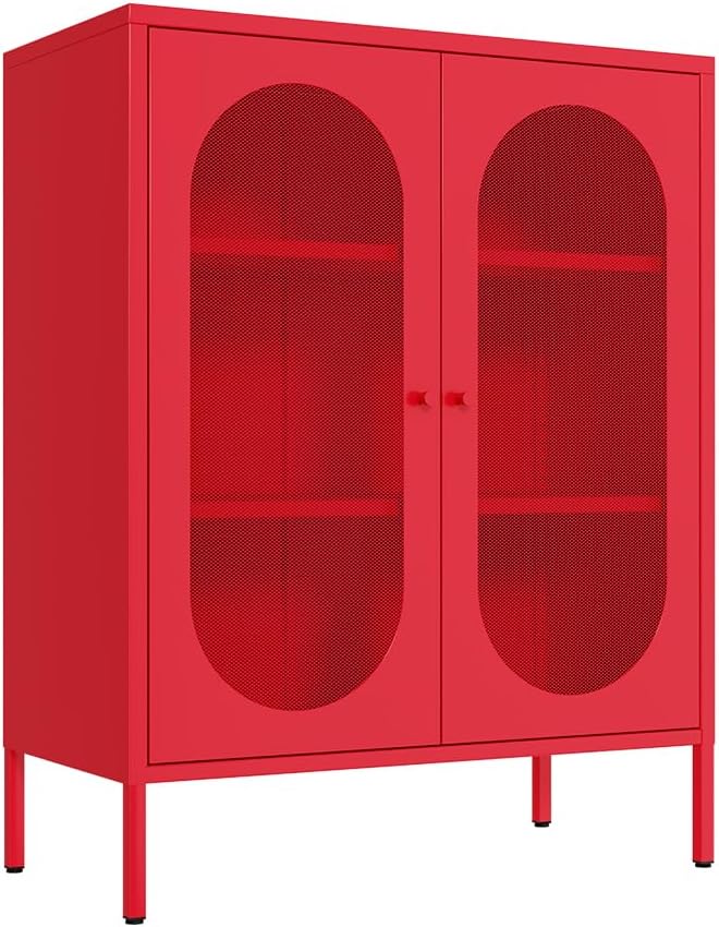 Metal Storage Cabinets with Doors and Shelf, Modern Accent Cabinet with High Feet, Display Cabinets with 2 Mesh Doors, Red Dresser for Home, Office, Living Room,Dining Room,Hallway and Entryway