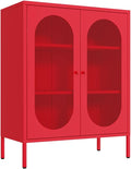 Metal Storage Cabinets with Doors and Shelf, Modern Accent Cabinet with High Feet, Display Cabinets with 2 Mesh Doors, Red Dresser for Home, Office, Living Room,Dining Room,Hallway and Entryway