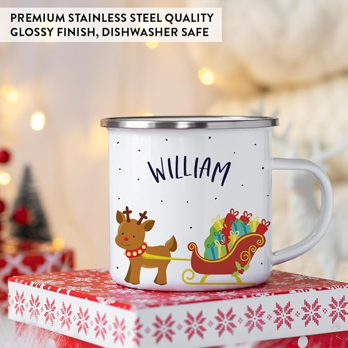 Andaz Press Personalized Name 11oz. Kids Christmas Hot Chocolate Stainless Steel Campfire Coffee Mug Adorable Rudolph Reindeer Sleigh, 1-Pack Custom Birthday Xmas Cup Hot Cocoa Mugs Christmas Mug Kids