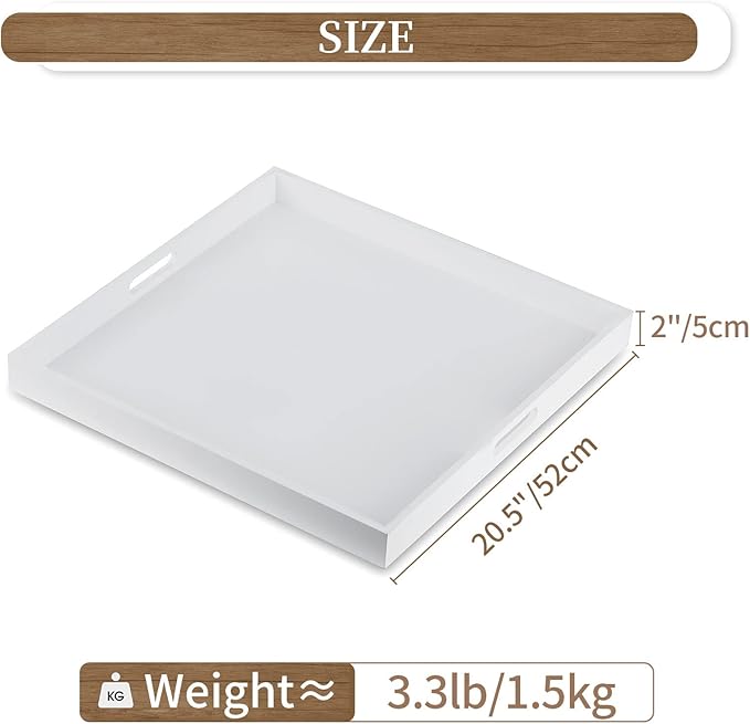 Hanobe Square Large Ottoman Tray: Modern Extra Large White Serving Decorative Trays with Cutout Handles for Living Room Coffee Table Home, 20"
