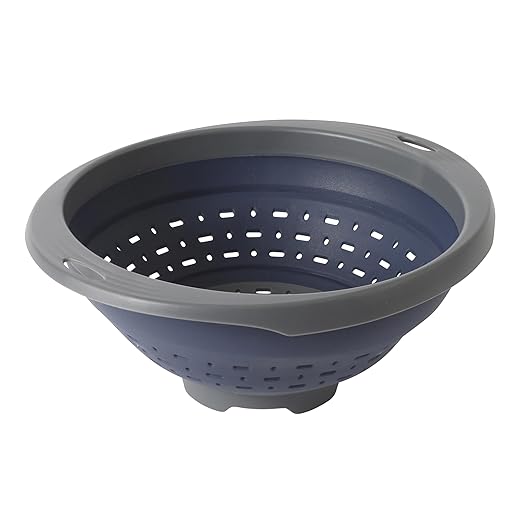 Oster Bluemarine 10-Inch Foldable Strainer – Collapsible Colander for Pasta, Vegetables, Fruits, Space-Saving Kitchen Tool, Blue/Grey Dishwasher Safe