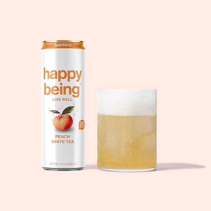 Happy Being Sparkling Nutrient-Rich Peach Rose White Tea – Infused with Turmeric, Elderberry, Vitamin D3, Caffeine Free, Plant-Based, Low Calorie & Low Sugar Drinks, 12oz (4 Pack)