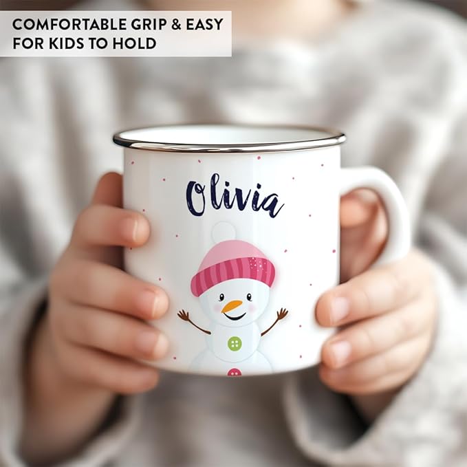 Andaz Press Personalized Name 11Oz. Kids Christmas Hot Chocolate Stainless Steel Campfire Coffee Mug, Charming Snowman Pink Hat Hello, 1-Pack, Custom Birthday Xmas Cup Hot Cocoa Mugs Christmas Mugs