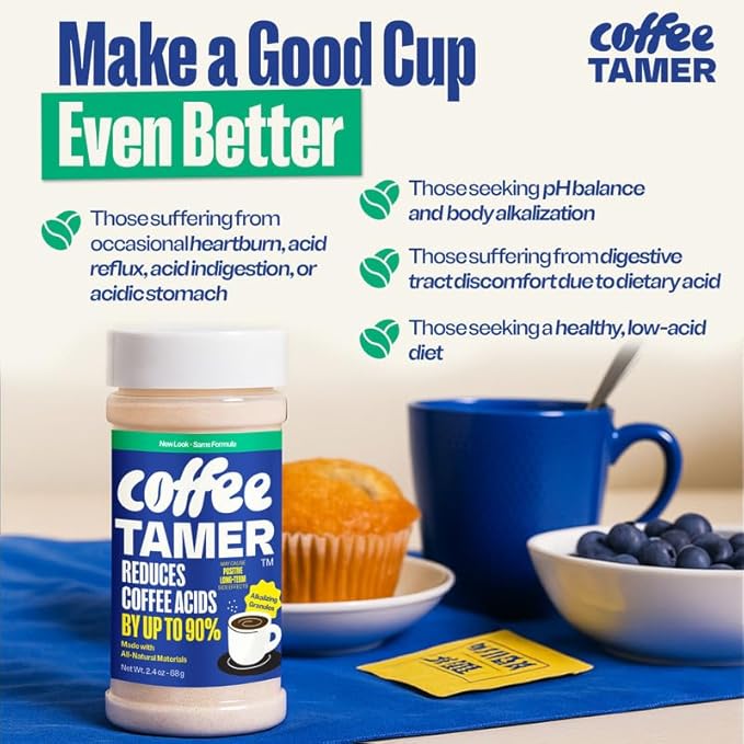 Coffee Tamer Coffee Acid Reducing Granules - Reduces Coffee Acids by up to 90% - All-Natural Minerals - Keto Friendy - Sugar Free, Calorie Free, Non-GMO, and Gluten Free - 2.4oz Shaker Bottle