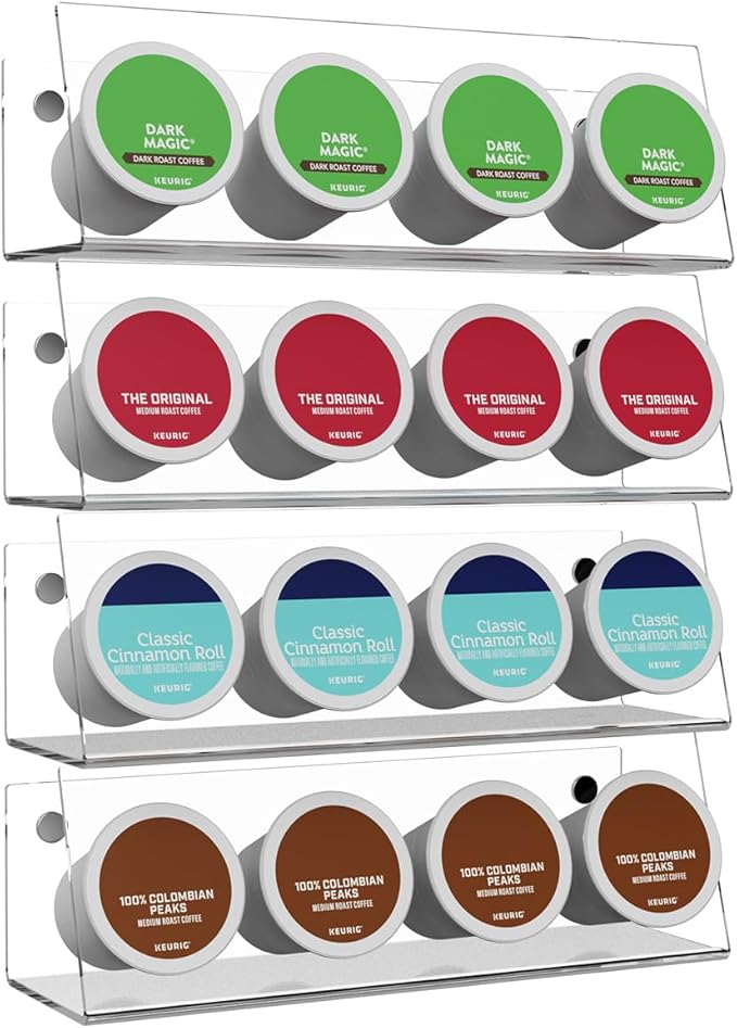K Cup Holders, Acrylic Coffee Pods Organizer Stand Magnetic & Self-Adhesive for Kitchen Wall, Cabinet, Fridge (4 Pack for 16 Pods)