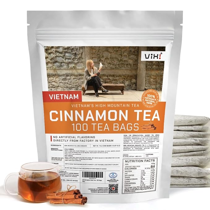 VIXI Flavored Cinnamon Black Tea Bag, Vietnam's Mountain Tea, 100 Counts, 100% Natural from Ancient Tee Tree, Cinnamon Blend Black Tee for Hot and Cold Brew (Vietnamese Taste, 7.0 Oz)