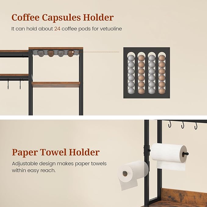 47.2 in Bakers Rack with Power Outlet & LED Light, Coffee Bar with Coffee Pod Holder for Vetuo, Kitchen Microwave Stand with Storage Shelves, Paper Holder, Cabinet, Wire Basket, 8 Hooks (Rustic Brown)