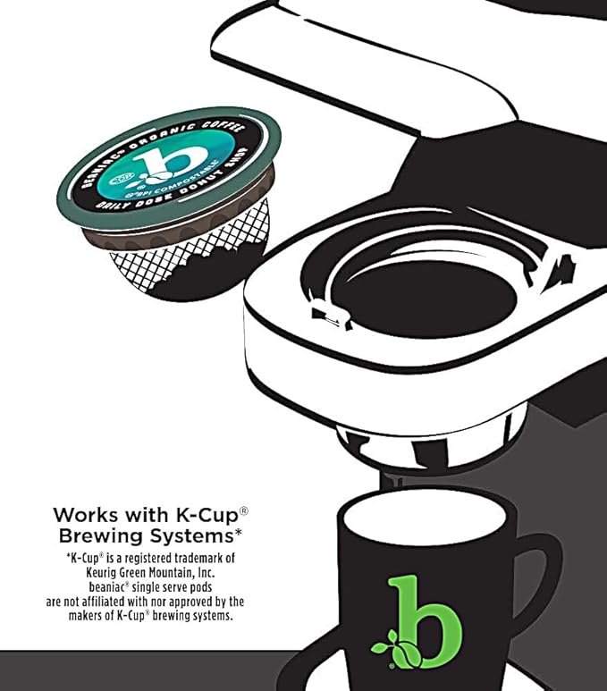 beaniac Organic Daily Dose Donut Shop, Light Roast, Single Serve Compostable K Cup Coffee Pods, Organic Arabica Coffee, Keurig Brewer Compatible, 72 Count
