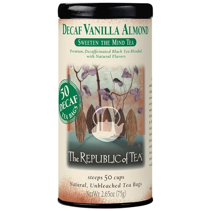The Republic of Tea - Decaf Vanilla Almond Black Tea Tin, 50 Tea Bags, Environmentally- Friendly Decaffeinated Tea