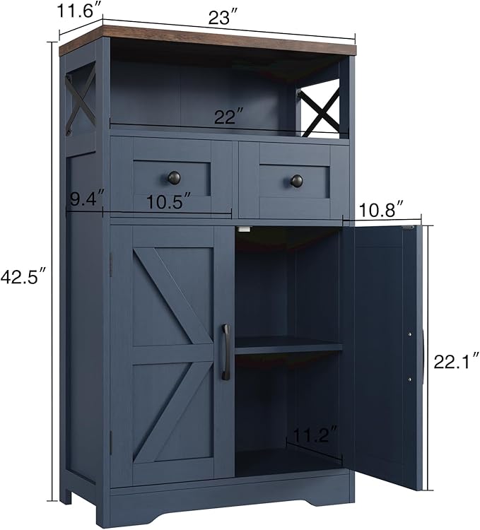 Farmhouse Blue Storage Cabinet with Barn Doors and Drawers, Small Freestanding Kitchen Pantry Cabinet, Hutch Cupboard for Kitchen, Laundry, Living Room,Bathroom