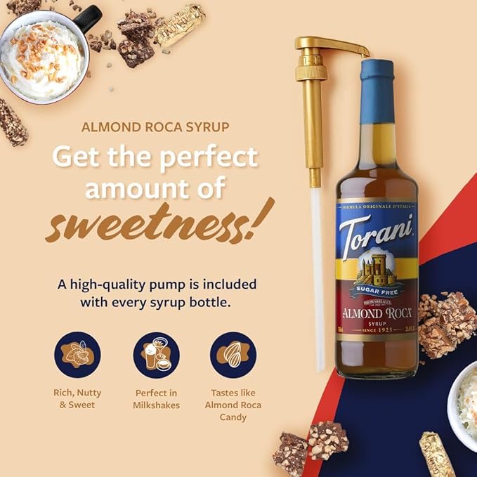 Torani Sugar Free Coffee Syrup, Almond Roca Flavoring for Drinks, Zero Calorie, Glass Bottle with Pump Included, 25.4 Fl Oz