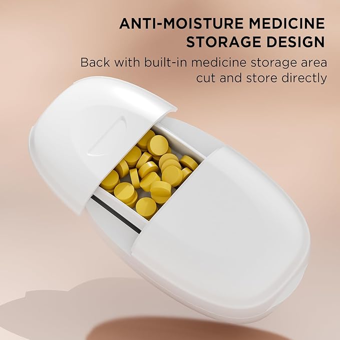 Pill Cutter Splitter for Small and Tiny Pills, 1/2 1/4 Pill Splitter for Small Pills,Vitamins, Tablets in Half or Quarters, Accurate and Easy Cutting, Stainless Steel Blade, Back Storage (White)