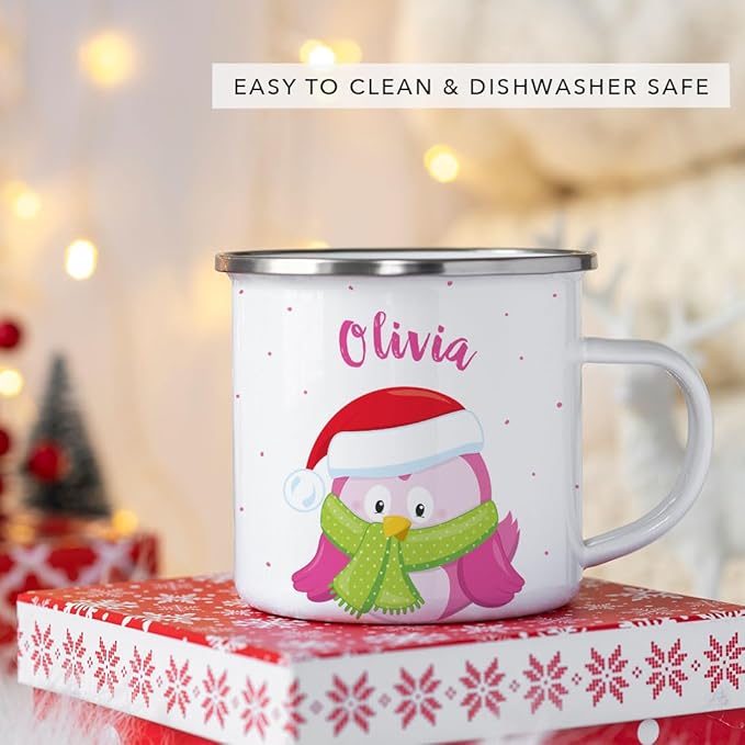 Andaz Press Personalized Name 11oz. Kids Christmas Hot Chocolate Stainless Steel Campfire Coffee Mug, Festive Pink Owl, 1-Pack, Custom Birthday Xmas Cup Hot Chocolate Mugs For Kids Christmas Mugs