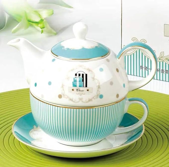 Euro Style Teapot Cup& Saucer Set Art Bone China Ceramic Tea Coffee Cup for Breakfast Home Kitchen (Blue Stripe)