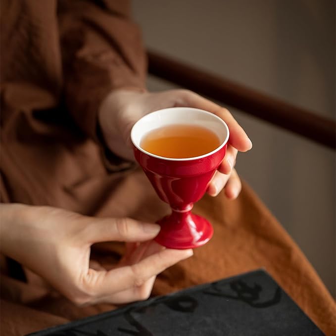 KAMMAK Tea Cup, 3oz Small Tea Cups Set of 2, Ceramic Tea Cups for Home, Tea Party, Office, Fashion Porcelain Tea Set with Short Stem, Chinese Kungfu Tea Set for Hot/Cold Drink (Red and Blue)