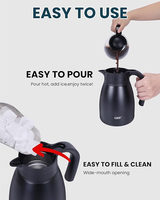 GiNT 1L / 34Oz Thermal Coffee Carafe, Insulated Stainless Steel Coffee Carafes for Keeping Hot/Double Walled Vacuum Thermal Carafe (Black)