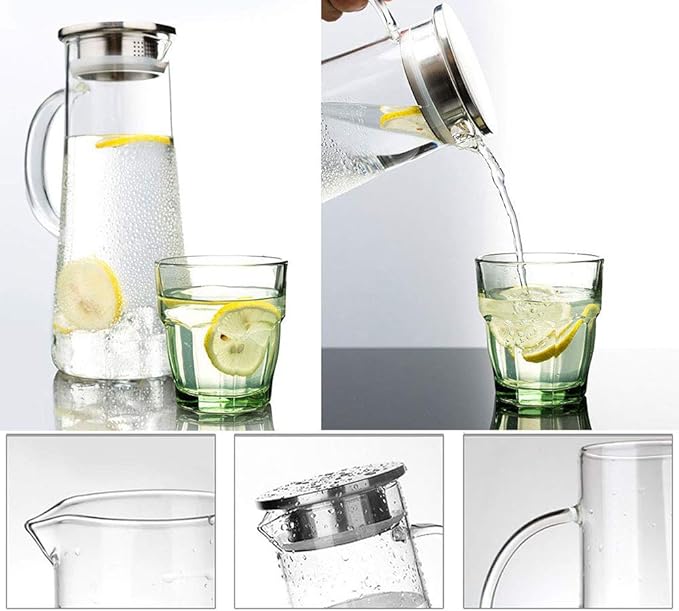 Hwagui - Heat Resistant Glass Pitcher with Stainless Steel Lid, Water Carafe with Handle, Good Beverage Pitcher for Homemade Juice and Iced Tea, 1600ml/53oz