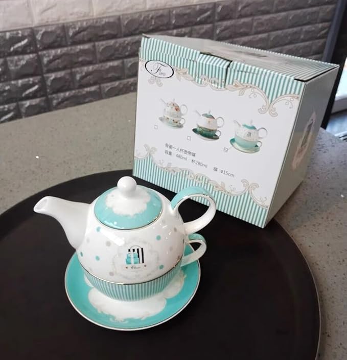 Euro Style Teapot Cup& Saucer Set Art Bone China Ceramic Tea Coffee Cup for Breakfast Home Kitchen (Blue Stripe)