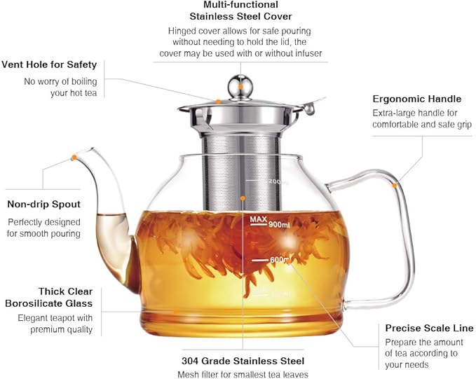 Tea Pot Set – 1200ml Glass Teapot with Removable Stainless Steel Infuser, and 4 Glass Teacups, Stovetop Safe Tea Kettle Gift Set, Blooming and Loose Leaf Tea Maker Set