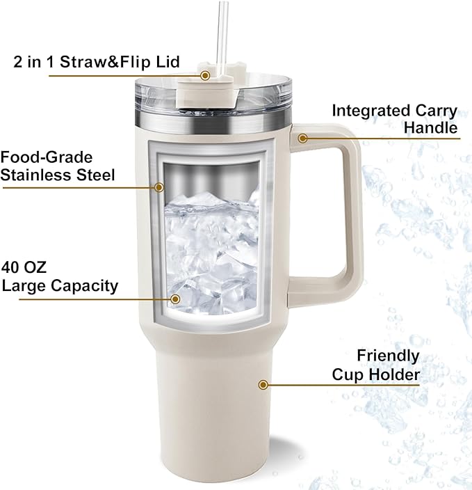 ThermoThrill Ships Next Day, Personalized 40 Oz Tumbler with Handle and Straw Custom Tumbler with Text Stainless Steel Mug Birthday Gifts for Women