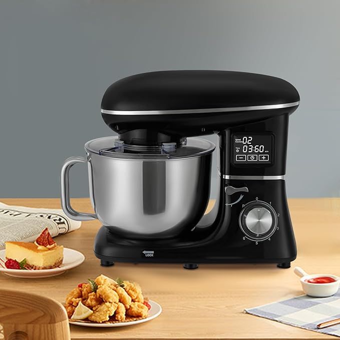 6.5Qt Stand Mixer, 1350W Electric Household Stand Kitchen Mixer With Lcd Timer Display, 6-Speed Dough Maker With Whisk Beater & Hook, For Baking Bread Cake Cream, Compact For Small Kitchen (black)